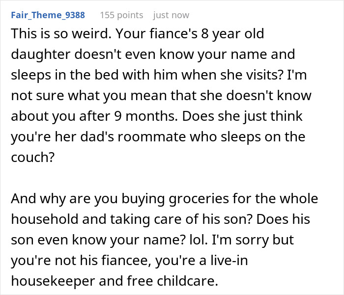 Alt text: Reddit comment discussing fiance babysit daughter, questioning family dynamics and roles within the household.