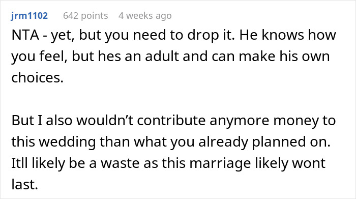 Screenshot of a Reddit comment discussing an $80,000 wedding demand and wealthy in-laws requesting a prenup.