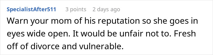 Screenshot of an online comment discussing a teen trying to cheer up his recently divorced mom and warning about a womanizer.