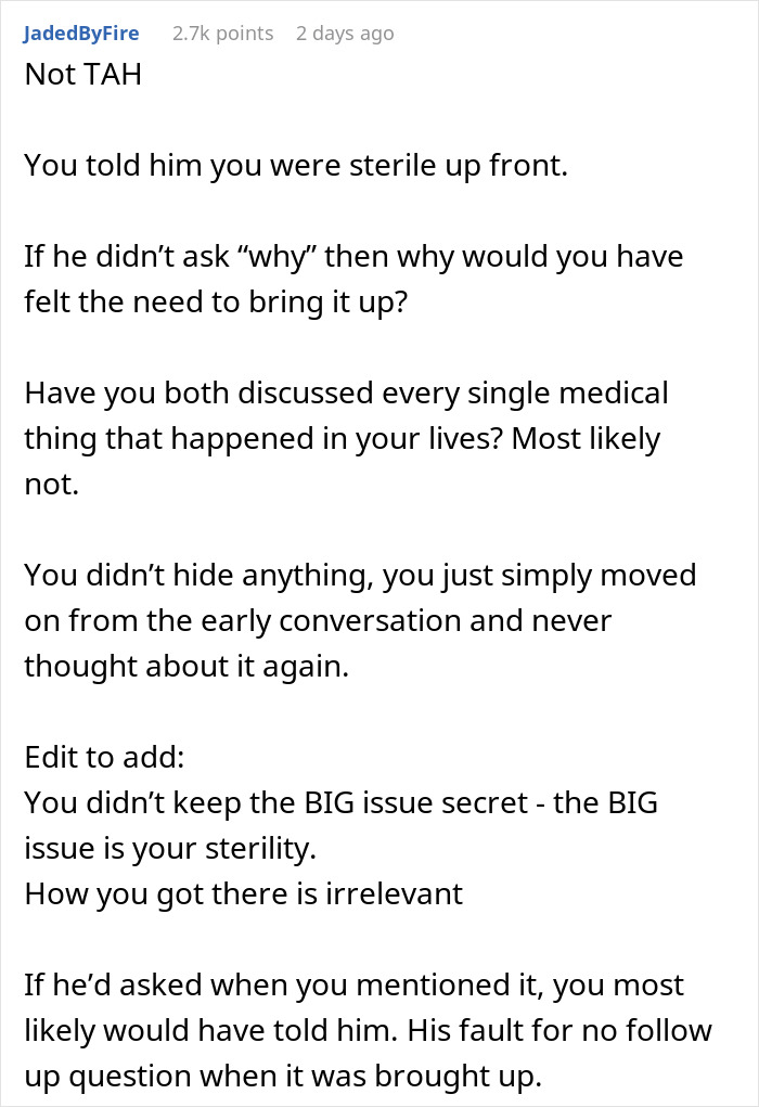 Social media post discussing childfree couple conflict after prank reveals woman's hysterectomy unknown to fianc&eacute;.