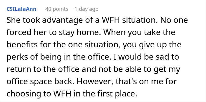 Comment discussing a woman expecting her private office back after working from home for 2 years and facing a reality check.