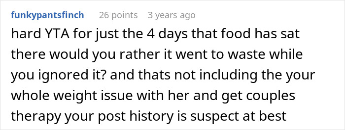 Comment about a man snapping at his girlfriend after she eats all the leftovers, mentioning weight gain and relationship issues.