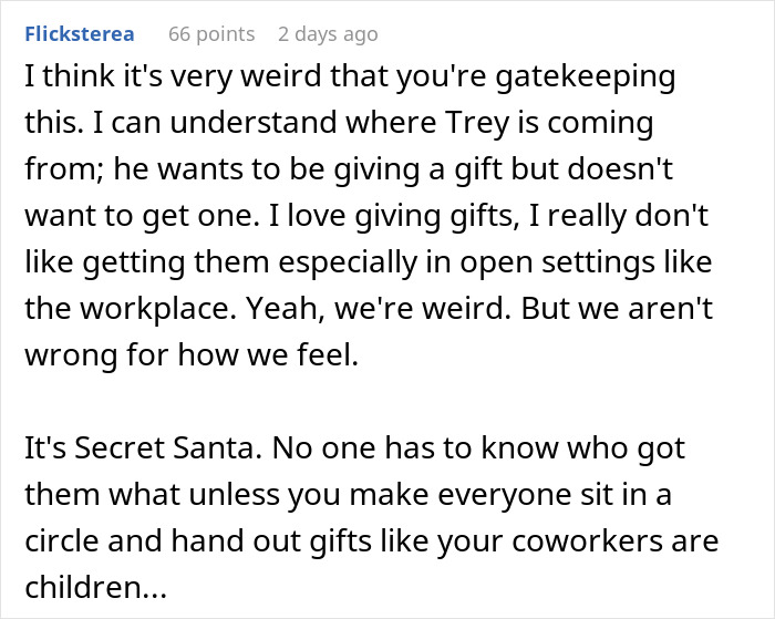 Comment discussing coworker&rsquo;s choice to give gifts but not receive in Secret Santa organizer rules.