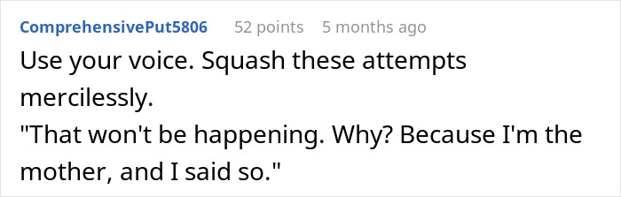 Screenshot of a Reddit comment where a mom asserts her decision not to leave baby alone with mom or mother-in-law.