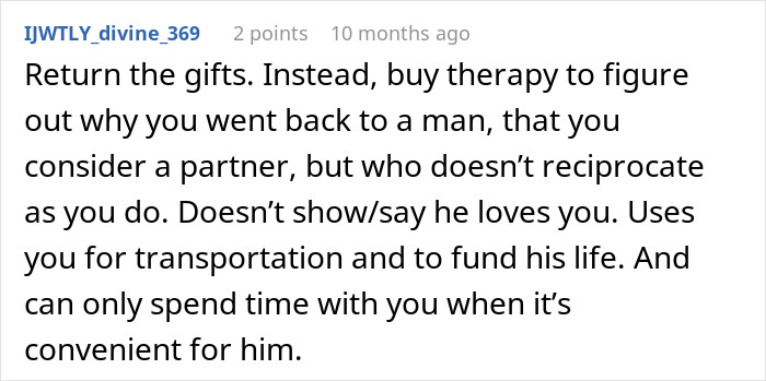 Comment text about relationship issues and gift return, related to woman buying expensive gifts for boyfriend&rsquo;s kids.