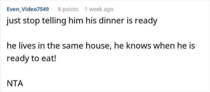 Screenshot of a Reddit comment discussing a guy leaving domestic chores to his wife and expecting dinner served.