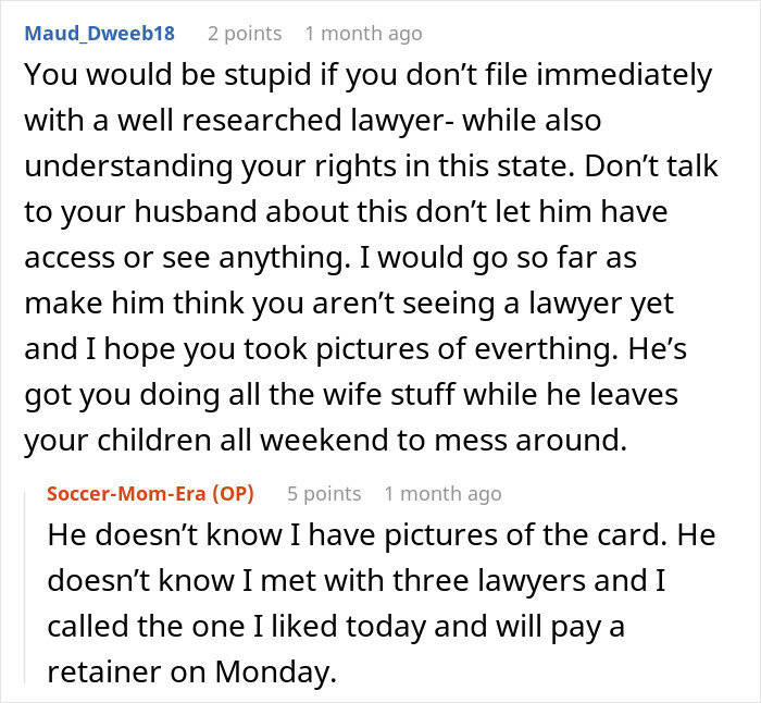 Screenshot of an online discussion about filing for divorce and dealing with a complicated relationship situation.