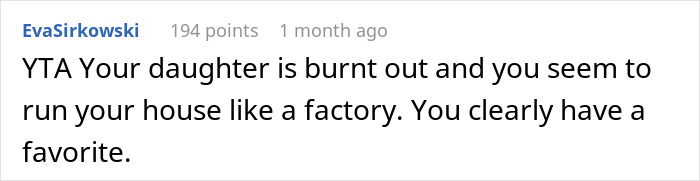 Comment from EvaSirkowski discussing parental favoritism as golden child gets laundry service and younger daughter life lessons. Comment from EvaSirkowski discussing parental favoritism as golden child gets laundry service and younger daughter life lessons.