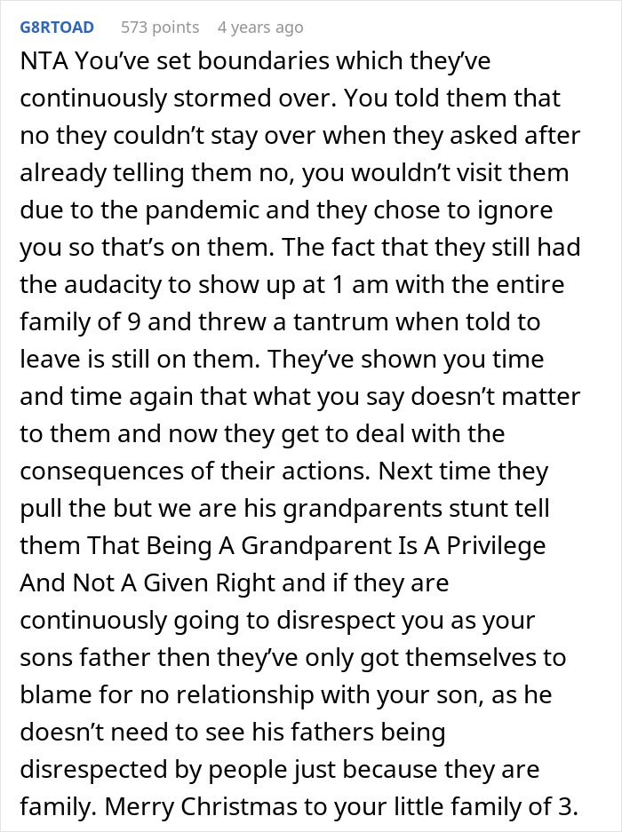 Comment discussing family trying to surprise man on Christmas by arriving at 1 a.m. and being kicked out instead.