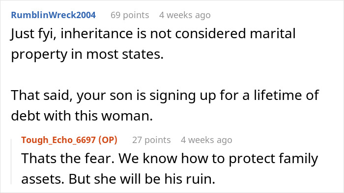 Screenshot of an online discussion about a future daughter-in-law demanding an $80,000 wedding and wealthy in-laws asking for a prenup.