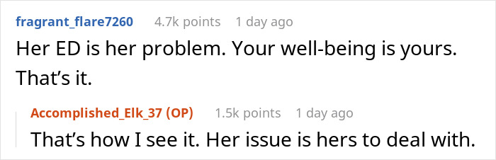 Screenshot of an online discussion about a lady wanting her health nut roommate to eat fast food, linking strict diet to ED.