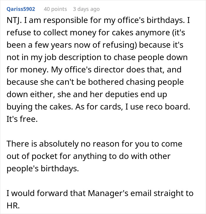 Text post discussing coworkers ghosting Venmo payments for office birthday organizing and frustrations over no birthdays celebrated.