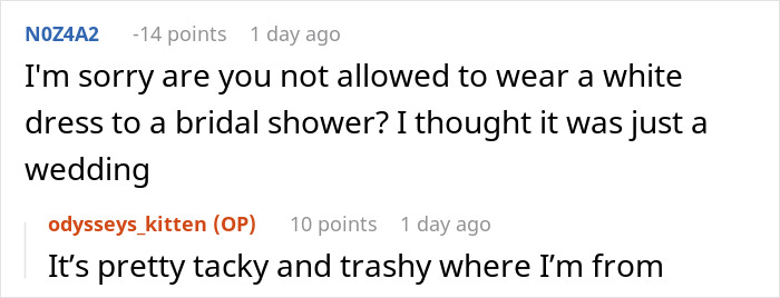 Reddit conversation discussing etiquette of wearing a white dress to a bridal shower and opinions on social norms.