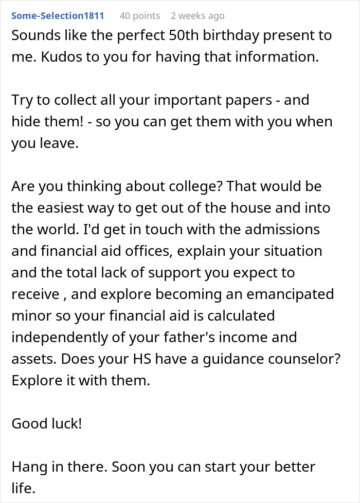 Comment advising on collecting important papers and considering college as a way for a teen to gain independence.