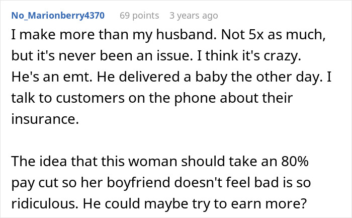 Comment about a woman leaving the US for France due to boyfriend struggling with her success and career growth.