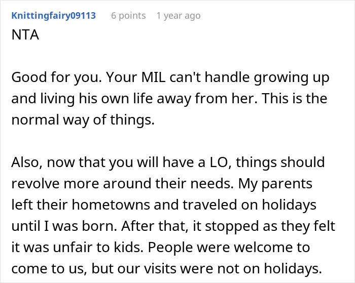 Comment discussing a mother-in-law's selfish and possessive attitude as son prioritizes wife and baby over her.