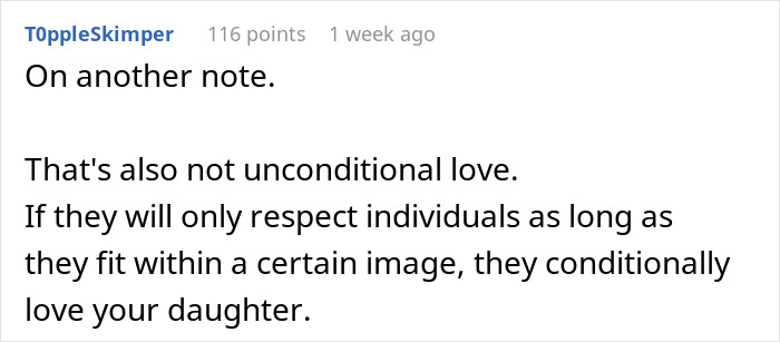 Screenshot of a Reddit comment discussing conditional love and respect related to daughter&rsquo;s paganism and in-laws&rsquo; behavior.
