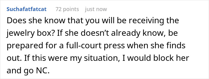 Text comment from user Suchafatfatcat discussing blocking contact and no communication regarding inheritance issues to protect family members. Text comment from user Suchafatfatcat discussing blocking contact and no communication regarding inheritance issues to protect family members.