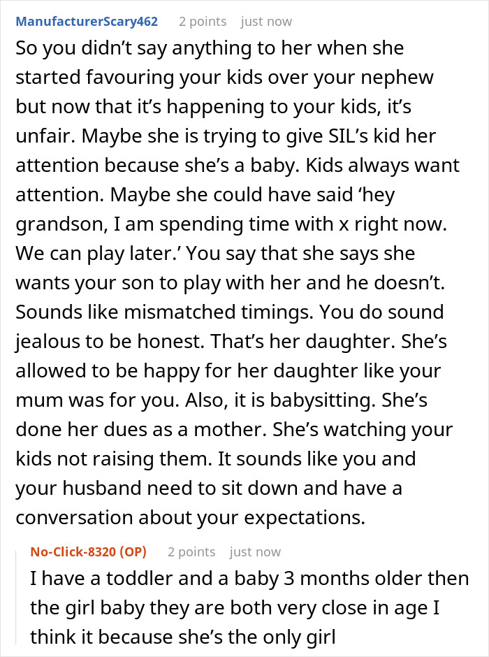 Comment discussing MIL admitting to having a favorite grandchild and treating others like burdens, causing family tension.