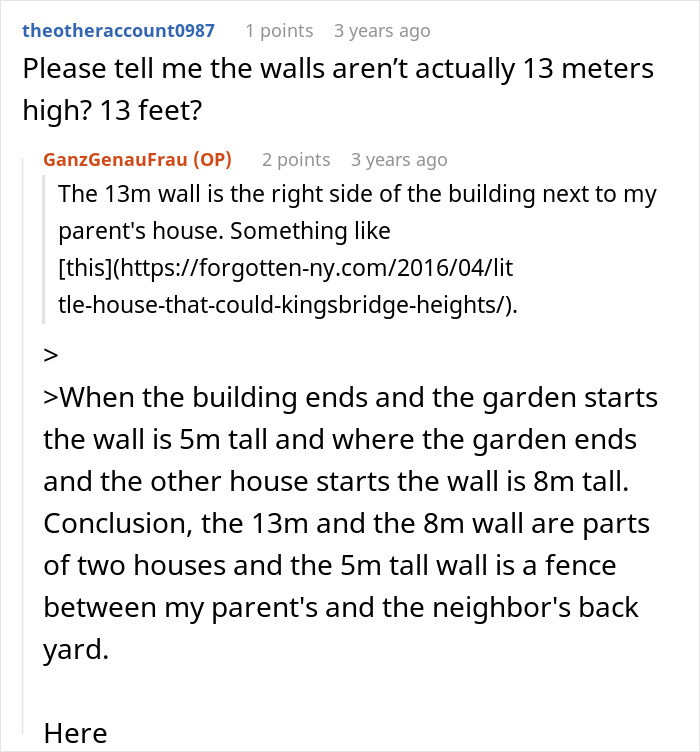 Comment discussing the height and structure of a tall concrete wall between neighbors’ properties and gardens. Comment discussing the height and structure of a tall concrete wall between neighbors’ properties and gardens.