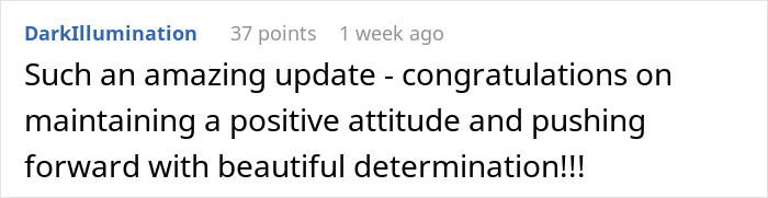 Comment text discussing an inspiring 5 year update from a woman after leaving her cheating husband, highlighting positivity and determination. Comment text discussing an inspiring 5 year update from a woman after leaving her cheating husband, highlighting positivity and determination.