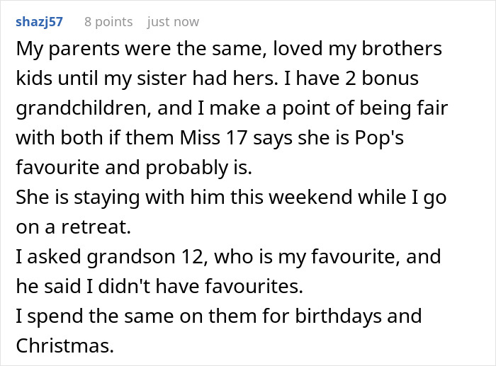 Screenshot of an online comment discussing a MIL admitting to having a favorite grandchild while others feel burdened.
