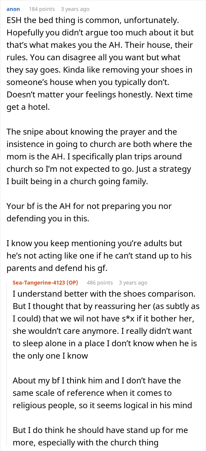 Reddit discussion about MIL making son's girlfriend sleep separately and tensions over praying and church attendance.