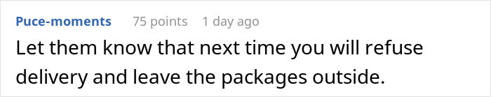 Comment advising to refuse delivery and leave wrongly sent packages outside, highlighting company expecting return on customer&rsquo;s dime.