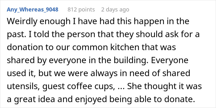 Screenshot of a Reddit comment discussing a donation idea for a shared kitchen related to a Secret Santa organizer issue at work.