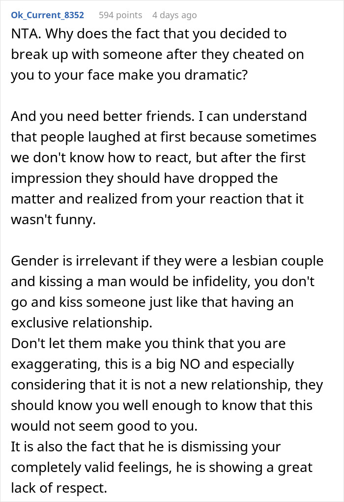 Screenshot of a forum comment discussing a girlfriend kissing another woman and effects on their relationship in front of friends.