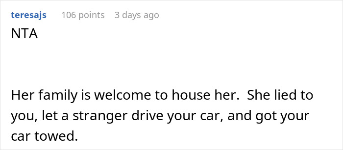 Comment text on a forum discussing a man kicking out his girlfriend after she secretly went clubbing and lost his car.