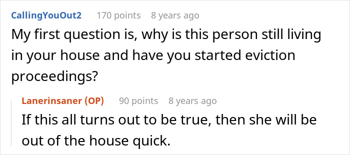 Reddit conversation about eviction proceedings involving stolen wife's dog and sister-in-law dispute.