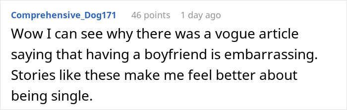 User comment on a social media post about relationship dynamics, reflecting on embarrassment and being single.