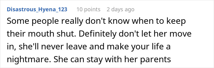 Comment on a forum post about a woman refusing to let her homeless sister-in-law move in, discussing conflict and boundaries.