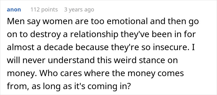 Text comment about emotional women and relationship insecurity, discussing views on money in long-term partnerships.