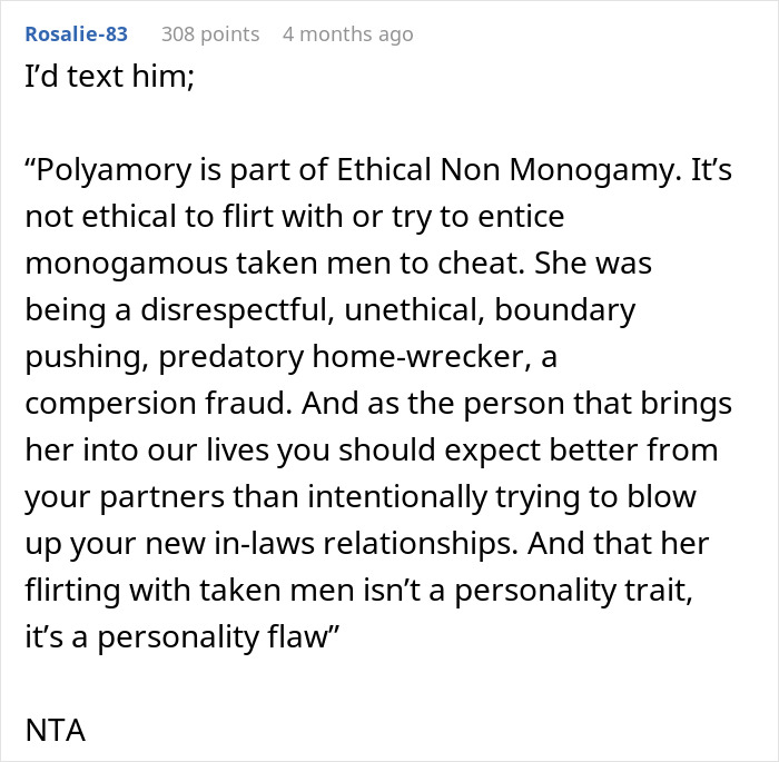 Comment discussing a polyamorous woman making a pass at a taken guy and causing conflict with his girlfriend.