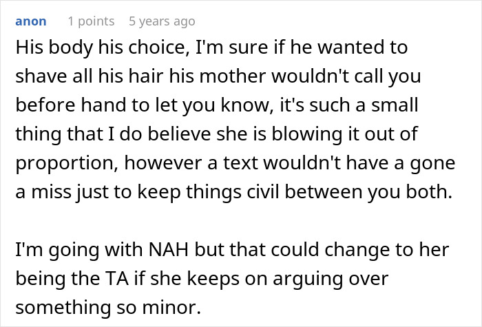 Comment discussing a dad approving 12YO son&rsquo;s mole removal, debated as cosmetic surgery without mom&rsquo;s consent.