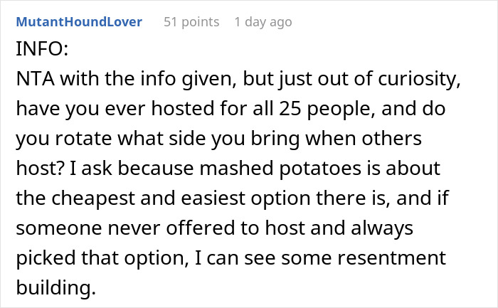 Screenshot of a discussion about refusing to bring expensive food for Thanksgiving and hosting responsibilities for large groups.