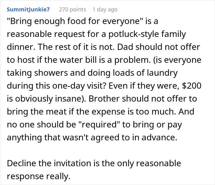 Screenshot of a Reddit comment discussing refusing to bring expensive food for Thanksgiving at a family potluck.
