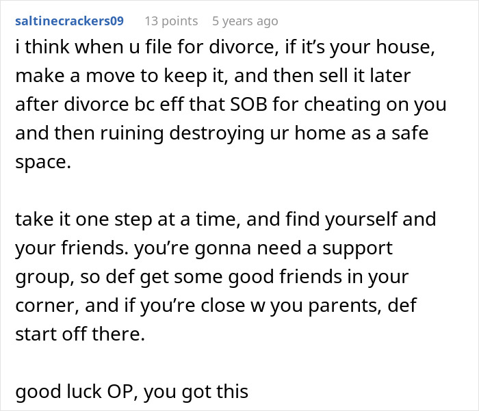 Alt text: Supportive advice in online comment about divorce and healing after cheating husband shared five year update Alt text: Supportive advice in online comment about divorce and healing after cheating husband shared five year update