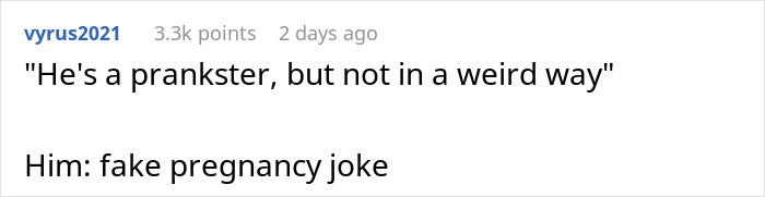 Comment text showing a prank about fake pregnancy in a childfree couple conflict after hysterectomy revelation.