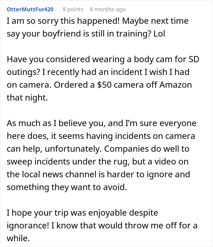 Reddit comment discussing Disneyland security questions about a disabled woman bringing a service dog on outings.