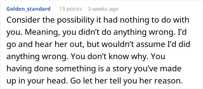 Comment about best friend no contact returns advising not to assume fault and to hear her out with an open mind.