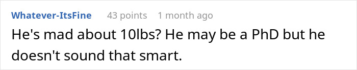 Reddit comment criticizing a man who requires his girlfriend to return to her weight of 110 pounds from six years ago. Reddit comment criticizing a man who requires his girlfriend to return to her weight of 110 pounds from six years ago.