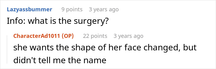 Conversation excerpt where a user discusses refusing help to recover from cosmetic surgery without naming the procedure.