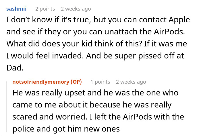 Reddit conversation about ex-husband giving traceable AirPods to son, causing mom to feel horrified and worried.