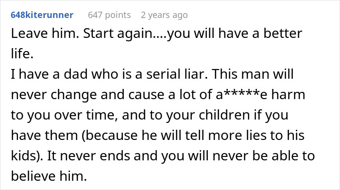 Screenshot of a Reddit comment discussing a man lying about a master's degree and the impact on family trust.
