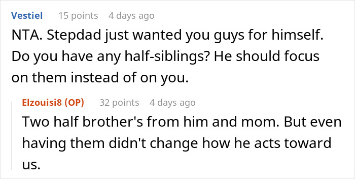 Online conversation about a stepdad trying to displace kids&rsquo; bio dad, discussing family dynamics and sibling relationships.