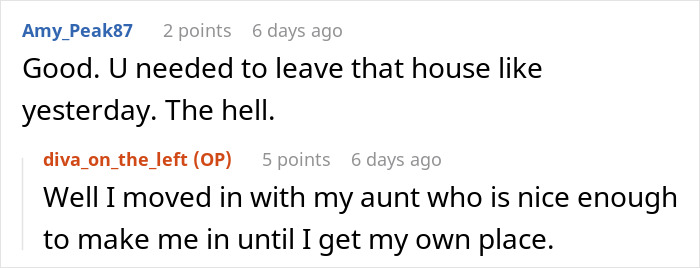 Text conversation screenshot showing a user supporting leaving a difficult home and another explaining moving in with an aunt for support. Text conversation screenshot showing a user supporting leaving a difficult home and another explaining moving in with an aunt for support.
