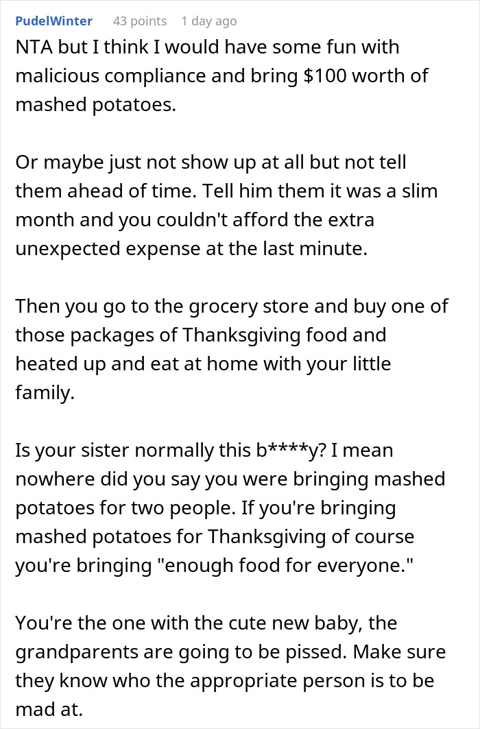 Screenshot of a Reddit comment discussing refusing to bring expensive food to Thanksgiving and dealing with family expectations.